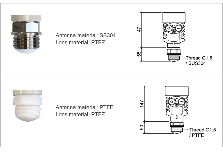 GFMR-78G 안테나 구성 및 제품 치수도 - SUS304 / PTFE 타입